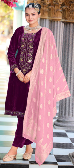 Purple and Violet color Salwar Kameez in Velvet fabric with Embroidered, Weaving work