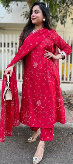 Red and Maroon color Salwar Kameez in Rayon fabric with Bandhej, Printed work
