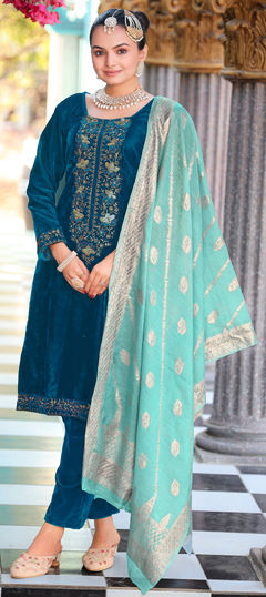 Blue color Salwar Kameez in Velvet fabric with Embroidered, Weaving work