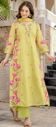 Yellow color Salwar Kameez in Chanderi Silk fabric with Floral, Printed, Weaving work
