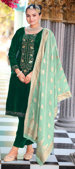 Green color Salwar Kameez in Velvet fabric with Embroidered, Weaving work