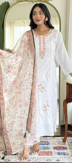 White and Off White color Salwar Kameez in Rayon fabric with Embroidered, Printed work