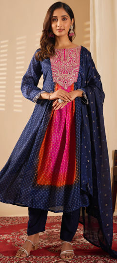 Blue color Salwar Kameez in Chinon Silk fabric with Embroidered, Printed work