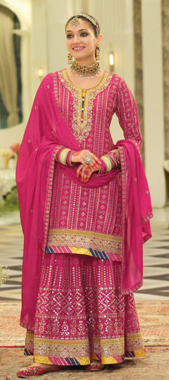 Pink and Majenta color Salwar Kameez in Chinon Silk fabric with Embroidered, Sequence, Thread work