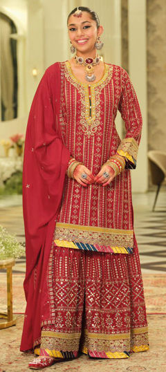 Red and Maroon color Salwar Kameez in Chinon Silk fabric with Embroidered, Sequence, Thread work