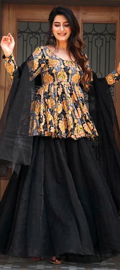 Black and Grey color Salwar Kameez in Organza Silk fabric with Digital Print, Floral work