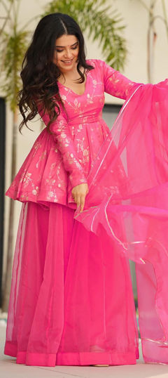 Pink and Majenta color Salwar Kameez in Organza Silk fabric with Digital Print, Floral work