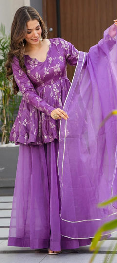 Purple and Violet color Salwar Kameez in Organza Silk fabric with Digital Print, Floral work