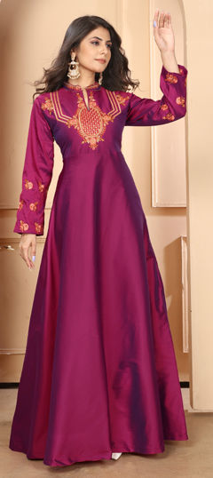 Purple and Violet color Gown in Art Silk fabric with Embroidered work