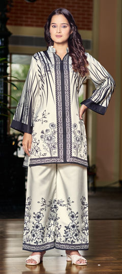 White and Off White color Salwar Kameez in Satin Silk fabric with Floral, Printed work
