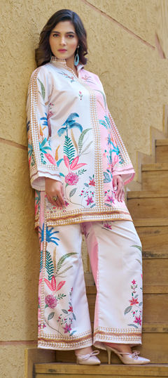 White and Off White color Salwar Kameez in Satin Silk fabric with Floral, Printed work