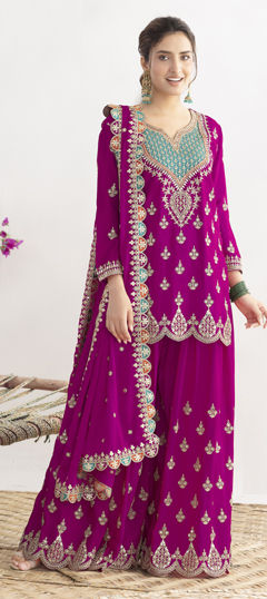 Pink and Majenta color Salwar Kameez in Chinon Silk fabric with Embroidered, Mirror, Sequence work