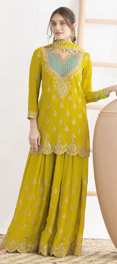 Yellow color Salwar Kameez in Chinon Silk fabric with Embroidered, Mirror, Sequence work