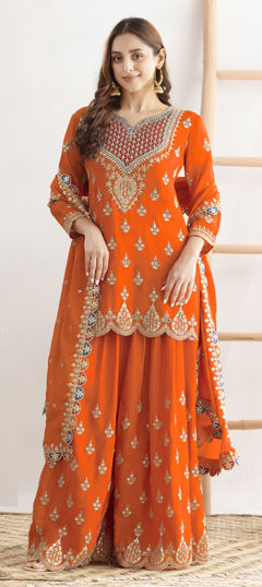 Orange color Salwar Kameez in Chinon Silk fabric with Embroidered, Mirror, Sequence work