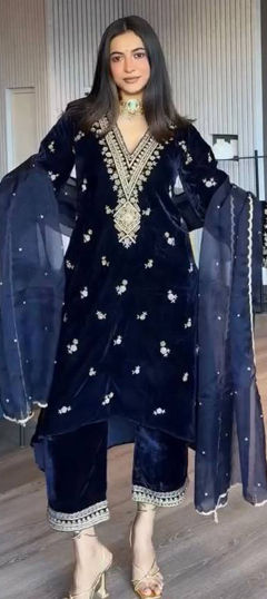 Blue color Salwar Kameez in Velvet, Viscose fabric with Embroidered, Sequence, Thread work