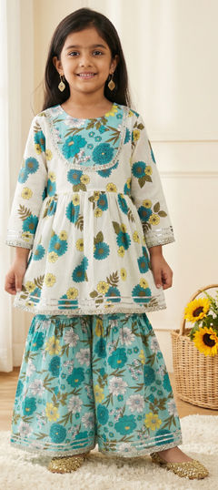 Blue, White and Off White color Girls Top with Bottom in Cotton Flex fabric with Floral, Lace, Printed work
