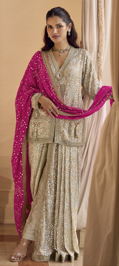 White and Off White color Salwar Kameez in Georgette fabric with Sequence, Swarovski work