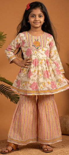 Pink and Majenta, White and Off White color Girls Top with Bottom in Cotton fabric with Embroidered, Floral, Gota Patti, Printed, Resham work