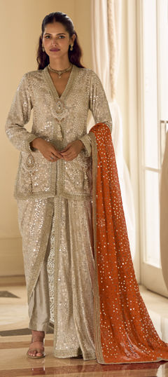White and Off White color Salwar Kameez in Georgette fabric with Sequence, Swarovski work