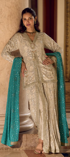 White and Off White color Salwar Kameez in Georgette fabric with Sequence, Swarovski work