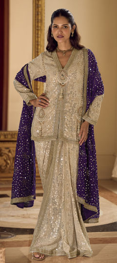 White and Off White color Salwar Kameez in Georgette fabric with Sequence, Swarovski work