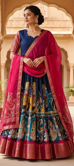 Blue color Gown in Silk fabric with Printed work