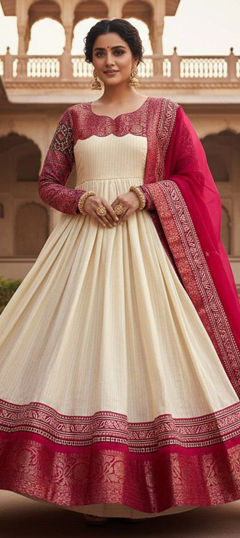 White and Off White color Gown in Silk fabric with Printed work