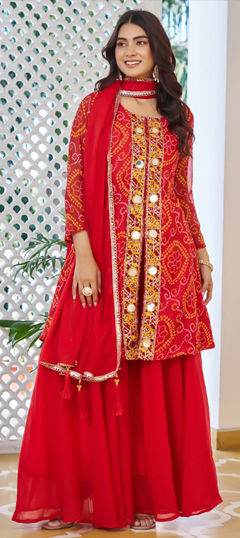 Red and Maroon color Salwar Kameez in Faux Georgette fabric with Bandhej, Embroidered, Mirror, Printed work