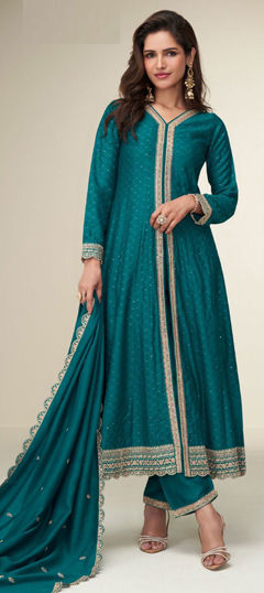 Blue color Salwar Kameez in Silk fabric with Embroidered, Sequence, Zari work