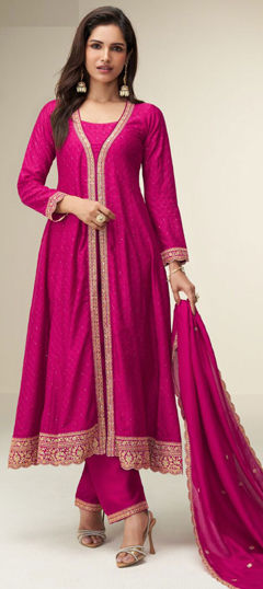 Pink and Majenta color Salwar Kameez in Silk fabric with Embroidered, Sequence, Zari work