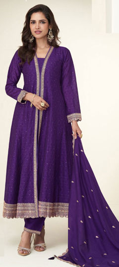 Purple and Violet color Salwar Kameez in Silk fabric with Embroidered, Sequence, Zari work