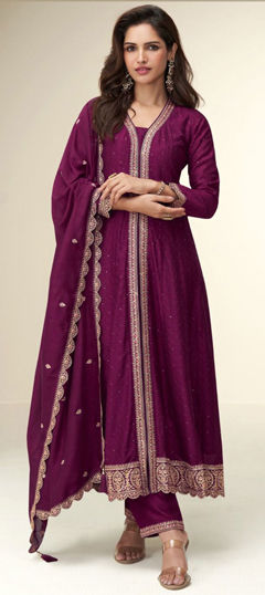 Purple and Violet color Salwar Kameez in Silk fabric with Embroidered, Sequence, Zari work