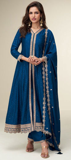 Blue color Salwar Kameez in Silk fabric with Embroidered, Sequence, Zari work