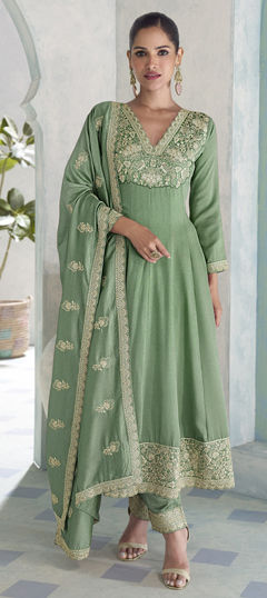 Green color Salwar Kameez in Silk fabric with Embroidered, Sequence work
