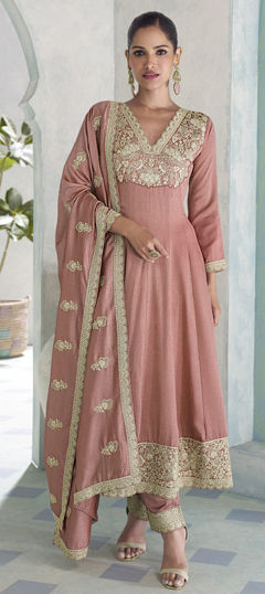 Pink and Majenta color Salwar Kameez in Silk fabric with Embroidered, Sequence work