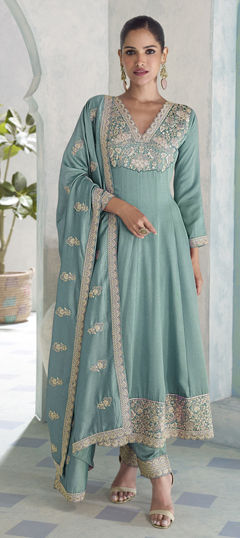 Blue color Salwar Kameez in Silk fabric with Embroidered, Sequence work