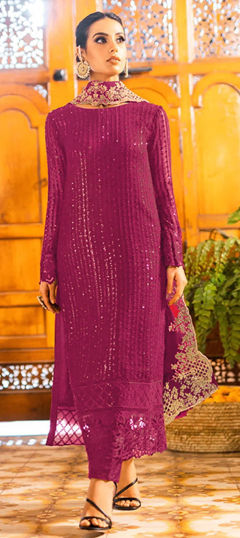 Pink and Majenta color Salwar Kameez in Georgette fabric with Embroidered, Sequence, Zari work