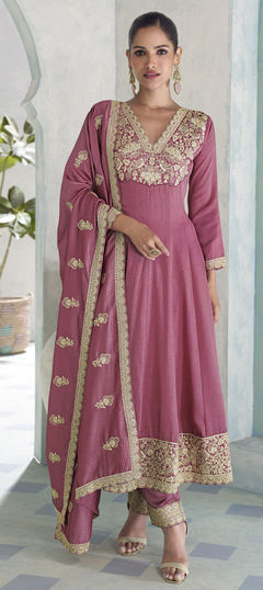 Pink and Majenta color Salwar Kameez in Silk fabric with Embroidered, Sequence work