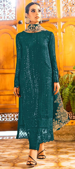 Blue color Salwar Kameez in Georgette fabric with Embroidered, Sequence, Zari work