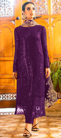 Purple and Violet color Salwar Kameez in Georgette fabric with Embroidered, Sequence, Zari work