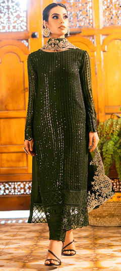 Green color Salwar Kameez in Georgette fabric with Embroidered, Sequence, Zari work