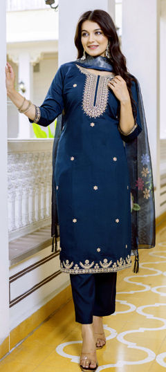 Blue color Salwar Kameez in Chanderi Silk, Viscose fabric with Embroidered work