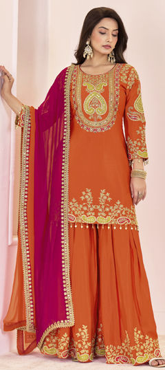 Orange color Salwar Kameez in Chinon Silk fabric with Embroidered, Moti, Sequence, Thread work