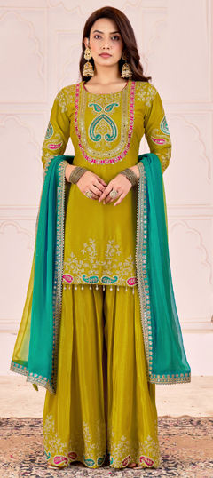 Yellow color Salwar Kameez in Chinon Silk fabric with Embroidered, Moti, Sequence, Thread work