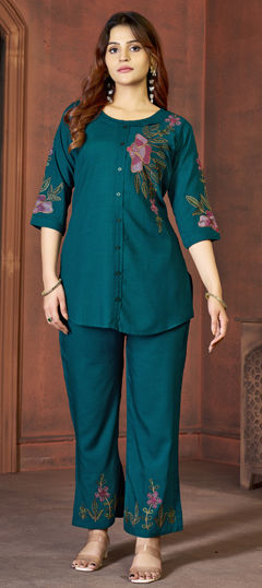 Blue color Co-ords Set in Rayon fabric with Embroidered work