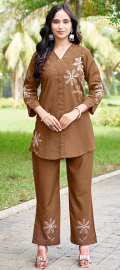 Beige and Brown color Co-ords Set in Rayon fabric with Embroidered work