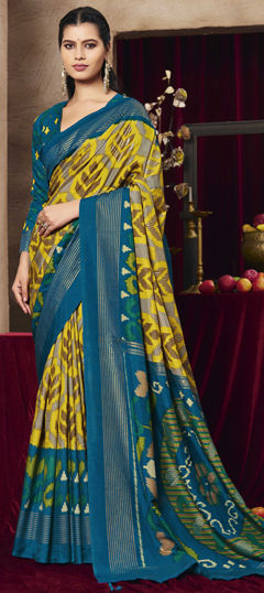 Yellow color Saree in Tussar Silk fabric with Weaving work