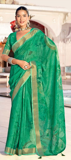 Green color Saree in Linen fabric with Digital Print work