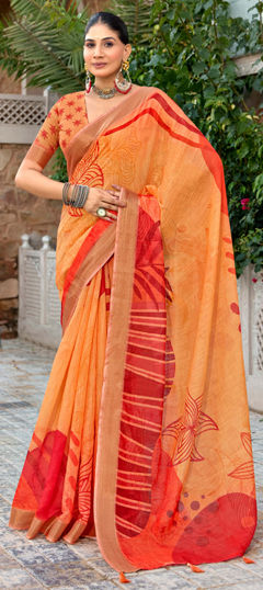 Orange color Saree in Linen fabric with Digital Print work