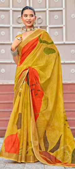 Yellow color Saree in Linen fabric with Digital Print work